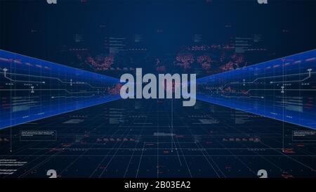 Hellblau leuchtende Farbfelder auf futuristischem digitalem Hintergrund mit "Copy Space". Stockfoto