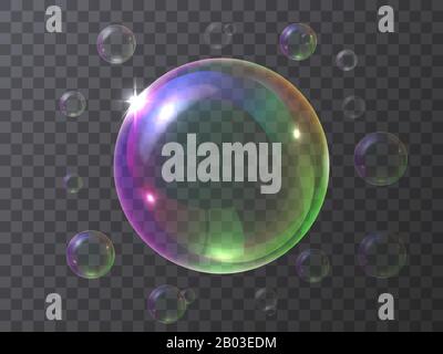 Realistische Seifenblasen isoliert auf transparentem Hintergrund. Rainbow Farbbälle fliegen in der Luft. Vektordarstellung 3D Seifenblasen. Stock Vektor