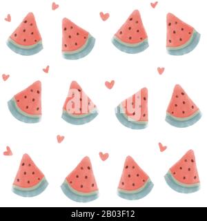 Niedlichen Sommer nahtlose Muster Hintergrund Illustration mit Aquarell Wassermelonen Scheibe und Herzen Stockfoto