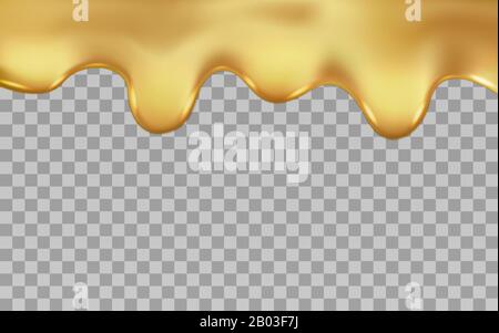 Tropfen Gold isoliert auf transparentem Hintergrund. Vektordarstellung von geschmolzenem flüssigem, tropfendem Gold. Vorlage für gelbes Metallöl Stock Vektor