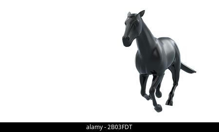 3D Rendering Hochglanz Schwarz Starkes Pferd in Eleganter Laufpose, Isoliert auf weißem Hintergrund. Stockfoto
