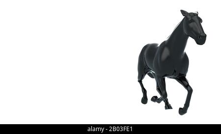 3D Rendering Hochglanz Schwarz Starkes Pferd in Eleganter Laufpose, Isoliert auf weißem Hintergrund. Stockfoto