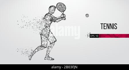 Abstrakte Silhouette des Tennisspielers, männlich mit Ball und Schläger. Flacher Neon-Draht umreißt geometrisch. Vektor Stock Vektor