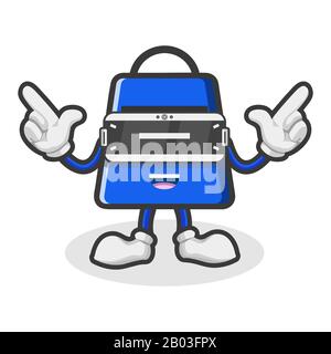 Einkaufstaschenmaskottchen heben ihre Hände auf, um ein Waffensymbol zu bilden, indem sie virtuelle Realität verwenden, flache Vektorgrafiken Stock Vektor