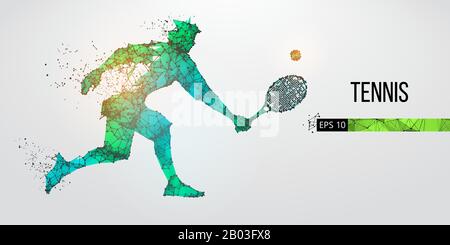 Abstrakte Silhouette des Tennisspielers, männlich mit Ball und Schläger. Flacher Neon-Draht umreißt geometrisch. Vektor Stock Vektor