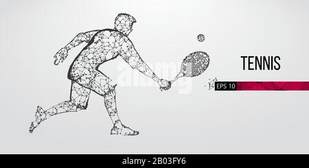 Abstrakte Silhouette des Tennisspielers, männlich mit Ball und Schläger. Flacher Neon-Draht umreißt geometrisch. Vektor Stock Vektor