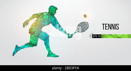 Abstrakte Silhouette des Tennisspielers, männlich mit Ball und Schläger. Flacher Neon-Draht umreißt geometrisch. Vektor Stock Vektor