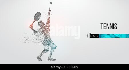 Abstrakte Silhouette des Tennisspielers, männlich mit Ball und Schläger. Flacher Neon-Draht umreißt geometrisch. Vektor Stock Vektor