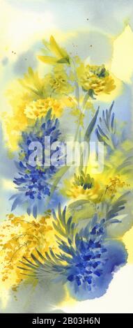 Frühlingsblumen mit Mimosen- und Hyazinth-Aquarell-Hintergrund Stockfoto