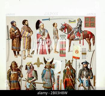 Alte japanische Mode, Waffen und Accessoires aus Geschichte des Kostüms in chronologischer entwicklung (Geschichte der Tracht in chronologischer Entwicklung) von Racinet, A. (Auguste), 1825-1893. Und Rosenberg, Adolf, 1850-1906, Band 1 gedruckt in Berlin im Jahr 1888 Stockfoto