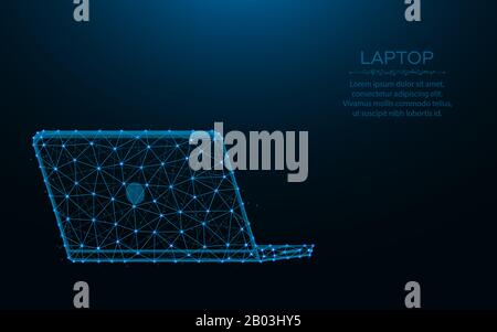 Laptop aus Punkten und Linien auf dunkelblauem Hintergrund, Computerwireframe-Polygonal-Vektorgrafiken Stock Vektor