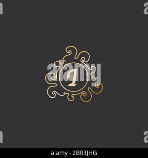 Dekoratives Alphabet Logo aus Letter I isoliert auf dunkelgrauem Hintergrund. Elegantes Design Mit Curl- Und Blumendesign. Luxury Gold Initial Abjad Logo Design Stock Vektor