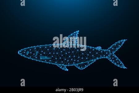 Fisch aus Punkten und Linien auf dunkelblauem Hintergrund, Tier-Drahtgeflecht polygonale Vektorgrafiken Stock Vektor