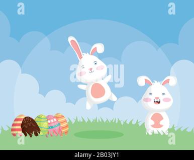 Karte zur Feier des Osterfestes mit gemalten Kaninchen und Eiern Stock Vektor