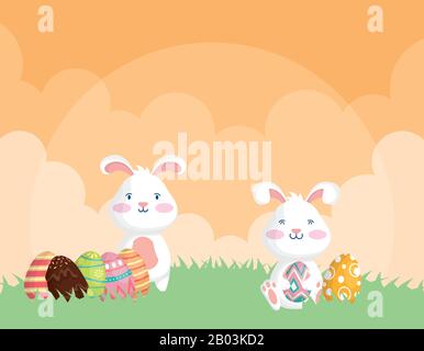 Karte zur Feier des Osterfestes mit gemalten Kaninchen und Eiern Stock Vektor