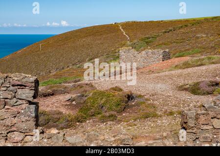 Blick auf die Wanderwege auf dem Moorgebiet, die von der Wheal Coates Zinn Mine in Cornwall, England, nach St Agnes Head führen. Stockfoto