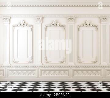 Leerer Classic-Raum mit Zierleiste an der Wand und kariertem Marmorfoor, weißer, leerer Innenraum mit Kopierraum, architektonischem Mockup, 3D-Rendering Stockfoto