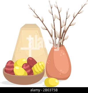 Oster-Illustration mit Ostereiern, Weidenzweigen und Hüttenkäse Ostern. Stock Vektor