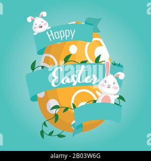 Frohe ostern Karte mit Kaninchen und Eierblumenrahmen Stock Vektor