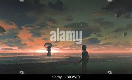 Ein Junge, der auf die geheimnisvolle Frau blickt, mit Regenschirm, der im Meer gegen den Himmel bei Sonnenuntergang steht, digitaler Kunststil, Illustrationsgemälde Stockfoto