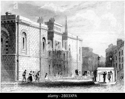 Eine Gravur des Old Bailey, London, gescannte mit hoher Auflösung aus einem Buch, das im Jahr 1851 gedruckt wurde. Es wird angenommen, dass dieses Bild frei von allen Urheberrechten ist. Stockfoto