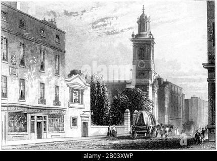 Gravur von St Botolph Bishopsgate, London, gescannt in hoher Auflösung aus einem Buch, das im Jahr 1851 gedruckt wurde. Es wird angenommen, dass dieses Bild frei von allen Urheberrechten ist. Stockfoto