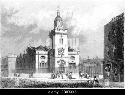 Eine Gravur von St Mary Whitechapel, London, gescannte in hoher Auflösung aus einem Buch, das im Jahr 1851 gedruckt wurde. Es wird angenommen, dass dieses Bild frei von allen Urheberrechten ist. Stockfoto