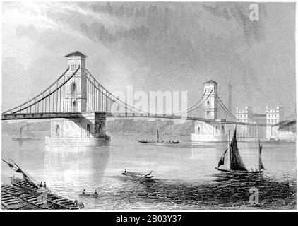 Gravur der Hungerford Bridge, London, gescannte in hoher Auflösung aus einem Buch, das im Jahr 1851 gedruckt wurde. Es wird angenommen, dass dieses Bild frei von allen Urheberrechten ist. Stockfoto