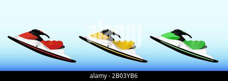 Set mit drei Jet-Skis - rot, gelb und grün auf blauem Hintergrund. Verlauf. Sport extrem Hobbyroller Stock Vektor