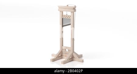 Guillotine, Todesstrafe, Konzept zur Ausführung von Todesstrafe. Kopf, Dekapitationsholzinstrument isoliert vor weißem Hintergrund. 3D-Illustration Stockfoto