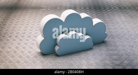 Cloud-Computing. Blaue Computerwolke vor Metallhintergrund. Cloud-Datenspeicherkonzept. 3D-Abbildung Stockfoto