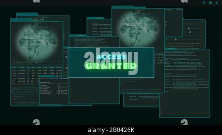 Zugriff Gewährt - virtuelle Schnittstelle oder HUD mit gehackten Serverdaten auf dunkelgrünem Hintergrund. Cyber-Angriff und Kriminalität Stockfoto