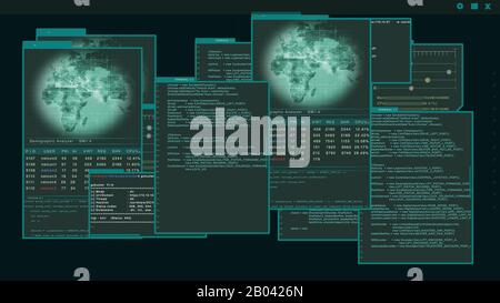 Virtuelle Schnittstelle oder HUD, die mehrere Fenster mit Hacker-Code anzeigt, der auf ihnen auf grünem Hintergrund ausgeführt wird. Sicherheitsproblem Stockfoto