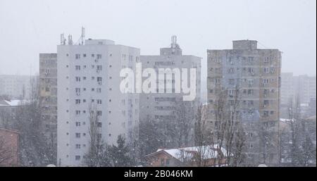 Schneesturm mit hohen Winden, die Schneeflocken seitlich, gegen hohe Mehrfamilienhäuser im Rücken, in Bukarest, Rumänien, blasen. Stockfoto