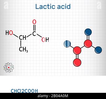 Milchsäure, Lactat, Milchzucker, C3H6O3-Molekül. Es handelt sich um Lebensmittelzusatzstoff E270 und Alpha-Hydroxy-Säure AHA. Strukturelle chemische Formel und Molekularmodus Stock Vektor