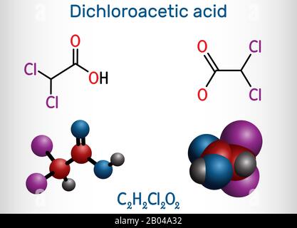 Dichloressigsäure DCA, Bichloressigsäure BCA, C2H2Cl2O2-Molekül. Strukturelle chemische Formel und Molekularmodell. Vektorgrafiken Stock Vektor