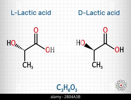 L-Milchsäure und D-Milchsäure, Lactat, Milchzucker, C3H6O3-Molekül. Es ist chiral, bestehend aus zwei Enantiomeren. Strukturelle chemische Formel. Shee Stock Vektor