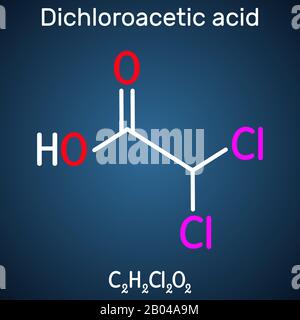 Dichloressigsäure DCA, Bichloressigsäure BCA, C2H2Cl2O2-Molekül. Strukturelle chemische Formel auf dem dunkelblauen Hintergrund. Vektorgrafiken Stock Vektor