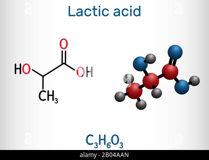 Milchsäure, Lactat, Milchzucker, C3H6O3-Molekül. Es handelt sich um Lebensmittelzusatzstoff E270 und Alpha-Hydroxy-Säure AHA. Strukturelle chemische Formel und Molekularmodus Stock Vektor