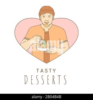 Schmackhafte Desserts Banner-Design-Vorlage mit Textraum. Fröhlicher Mann in herzförmigem Rahmen Essen Kuchen Cartoon Umriss Illustration. Flyer für Backwaren oder Konditoreien - Vektorkonzept. Stock Vektor