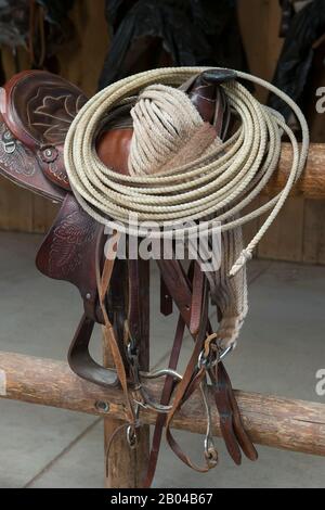 Sattel und Lasso in der Averill's Flathead Lake Lodge, einer Dude Ranch in der Nähe von Kalispell, Montana, Vereinigte Staaten. Stockfoto