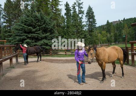 Cowgirls (Wranglers) mit ihren Pferden in Averill's Flathead Lake Lodge, einer Dude Ranch in der Nähe von Kalispell, Montana, Vereinigte Staaten. Stockfoto