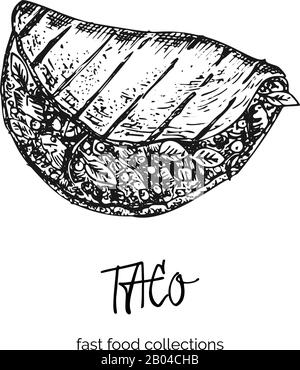 Handgezeichnete Tintenskizze Taco. Gravurstil. Fast Food Frühstückssammlung. Gute Idee für Ihr Café Menü Design, Straßenfestflieger, Aufkleber Stock Vektor