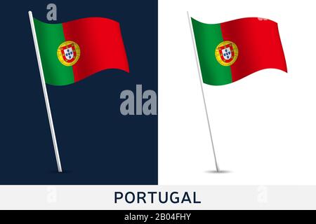 Vektorflaggen Portugal. Schwenkende Nationalflaggen Portugals isoliert auf weißem und dunklem Hintergrund. Offizielle Farben und Anteil der Flagge. Vektorgrafik Stock Vektor