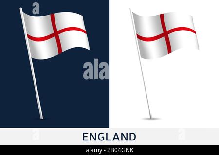 Englische Vektorflaggen. Winkende Nationalflaggen Englands isoliert auf weißem und dunklem Hintergrund. Offizielle Farben und Anteil der Flagge. Vektor illustratio Stock Vektor
