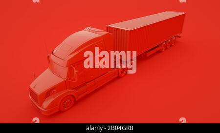 Schweres rotes Fahrzeug isoliert auf rotem Hintergrund 3D-Abbildung. Stockfoto