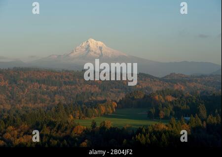 Blick im Herbst vom Jonsrud Aussichtspunkt auf das Sandy River Valley, das Cascade Mountains und Mt. Hood in der Nähe Von Sandy in Oregon, USA. Stockfoto