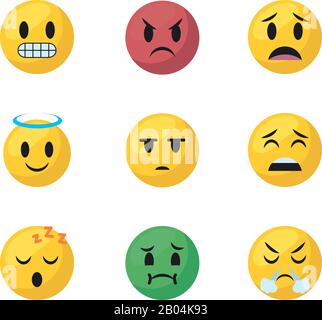 Emojis Gesichter flacher Stil Symbol Set Design, Cartoon Ausdruck niedlich Emoticon Charakter Profil Gesichts-Spielzeug schmückend und soziale Medien Thema Vector Illustration Stock Vektor