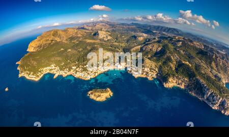 Luftbild, Insel Es Pantaleu, Hotelkomplexe, Strand Playa de Sant Elm, Andratx, Mallorca, Spanien, Europa, Balearen, es, El Pantaleu, Es Pan Stockfoto