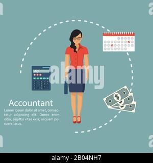 Geschäftsfrau Buchhalterin. Konzept der Kalkulation und Buchhaltung. Vektorgrafiken in flachem Design. Frau, die mit Berichten, Finanzen und Statistiken arbeitet Stock Vektor